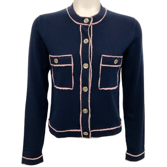 Chanel Navy Blue Cashmere Cardigan with Pink Trim - Picture 1 of 4